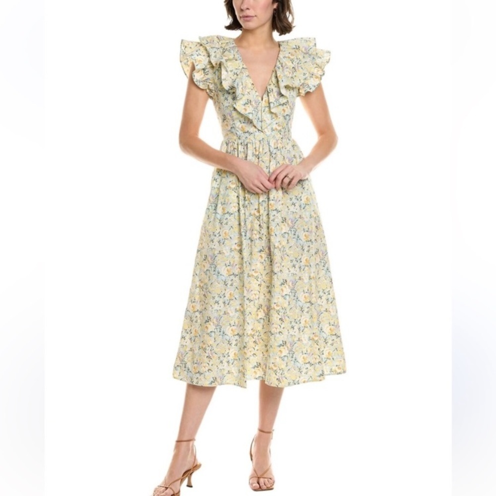 O.P.T. Yellow aqua mint Floral Ruffle Midi Dress Kelli size XL romantic flutter